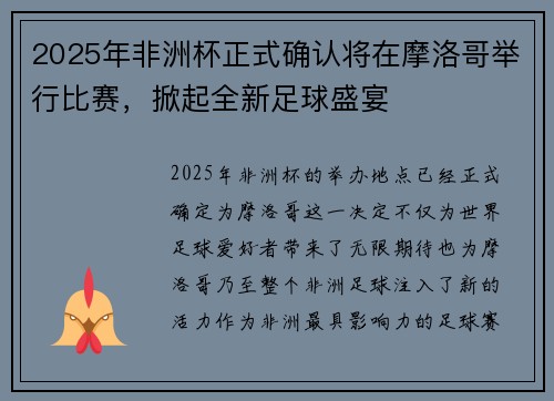 2025年非洲杯正式确认将在摩洛哥举行比赛，掀起全新足球盛宴