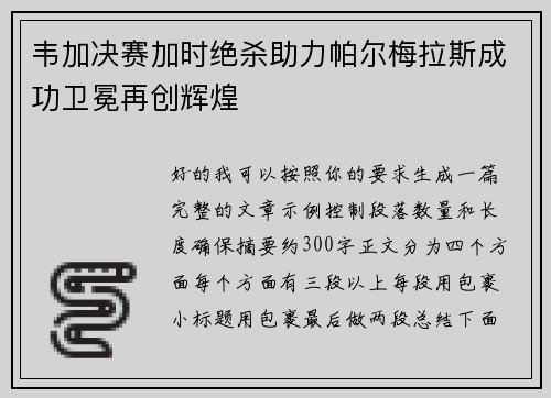 韦加决赛加时绝杀助力帕尔梅拉斯成功卫冕再创辉煌